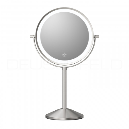 Preview: DEUSENFELD SL5EFA - Akku Batterie LED Doppel Stand Kosmetikspiegel, 5x Vergrößerung + Normalspiegel, Ø20cm, 360° horizontal schwenkbar, 3 einstellbare Lichtfarben, 10 Min. Timer, Dimmer, 3000mAh Lithium Akku, USB-C, Edelstahl Finish