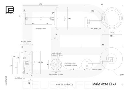 DEUSENFELD KL500A - AKKU LED Kosmetikspiegel, 5x Vergrößerung, Ø24cm, Tageslicht LEDs, 5200mAh Lithium Ionen Akku, inkl. weißem Ladegerät, verchromt