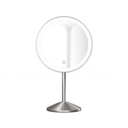 DEUSENFELD SL70EFA - Akku Batterie LED Stand Kosmetikspiegel, 7x Vergrößerung, Ø20cm, schwenkbar, 3 einstellbare Lichtfarben, 10 Min. Timer, Dimmer, 3000mAh Lithium Akku, USB, Edelstahl Finish