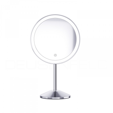 DEUSENFELD SL100CA - Akku Batterie LED Stand Kosmetikspiegel, 10x Vergrößerung, Ø20cm, schwenkbar, 3 einstellbare Lichtfarben, 10 Min. Timer, Dimmer, 3000mAh Lithium Akku, USB, hochglanz verchromt