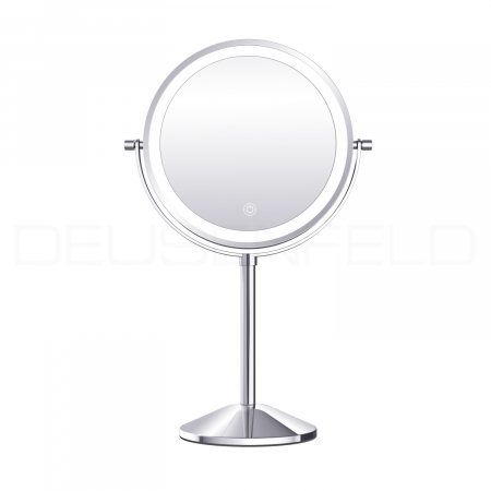 DEUSENFELD SL10CA - Akku Batterie LED Doppel Stand Kosmetikspiegel, 10x Vergrößerung + Normalspiegel, Ø20cm, 360° horizontal schwenkbar, 3 einstellbare Lichtfarben, 10 Min. Timer, Dimmer, 1800mAh Lithium Akku, USB, hochglanz verchromt