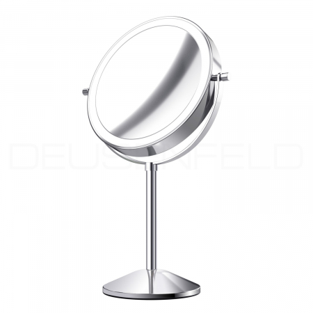 DEUSENFELD SL10CA - Akku Batterie LED Doppel Stand Kosmetikspiegel, 10x Vergrößerung + Normalspiegel, Ø20cm, 360° horizontal schwenkbar, 3 einstellbare Lichtfarben, 10 Min. Timer, Dimmer, 1800mAh Lithium Akku, USB, hochglanz verchromt