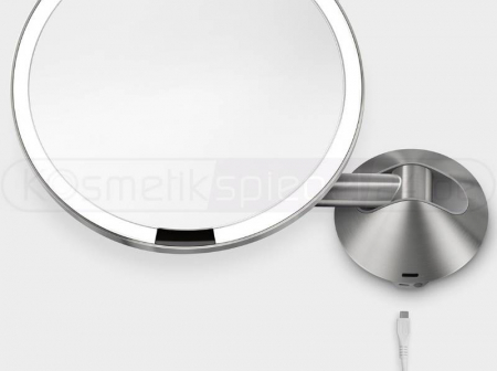Simplehuman ST3002 - Edelstahl Wand Sensor Akku LED Kosmetikspiegel 5 - Fach Vergrößerung, USB Ladegerät, ø 23cm, Tageslicht LED, matt gebürstet