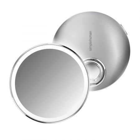 Simplehuman ST3025 - Edelstahl Sensor Akku LED Kosmetikspiegel Handspiegel Reisespiegel, 3 - fach Vergrößerung, USB Ladebuchse, ø10cm, matt gebürstet, inkl. Reisetasche