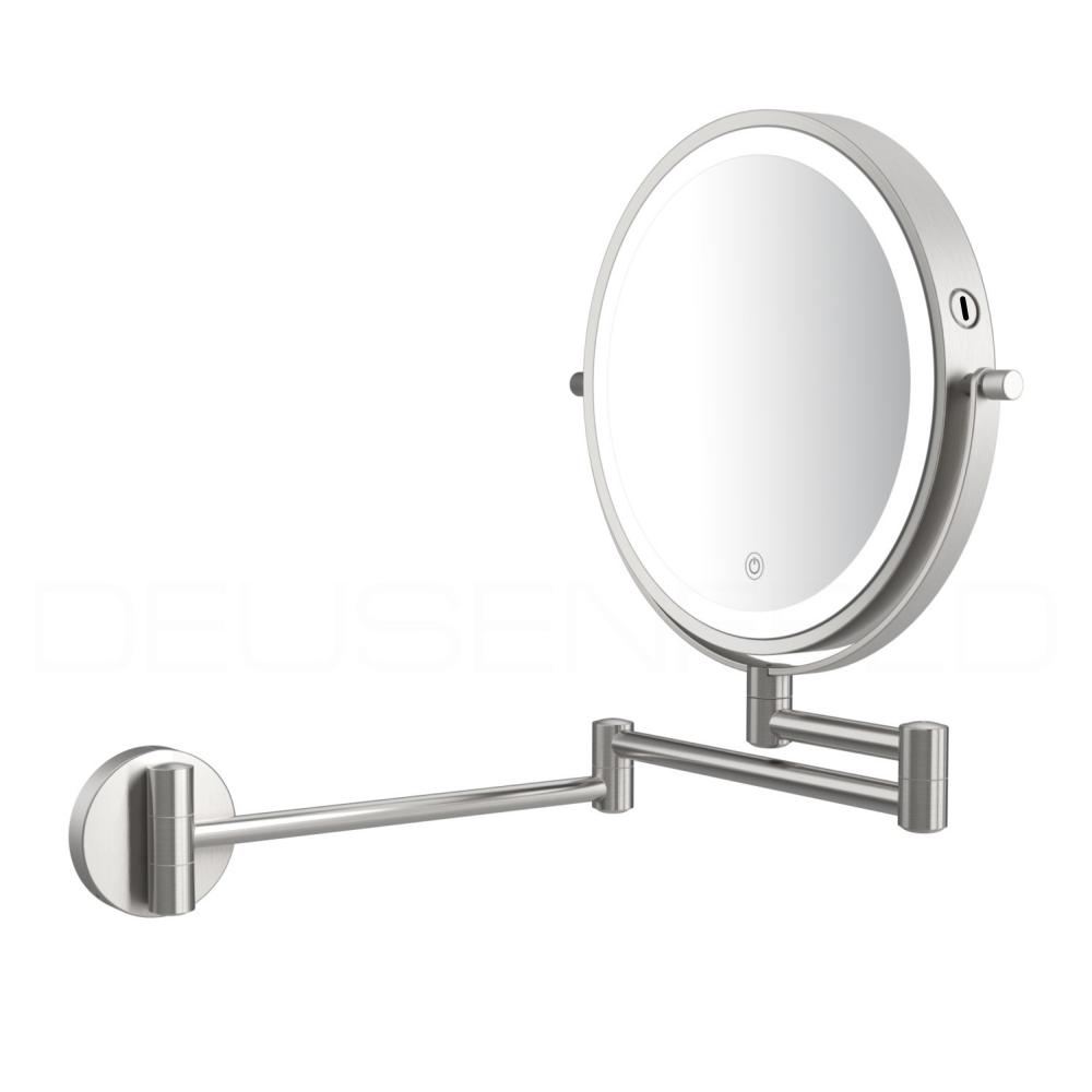 DEUSENFELD WL103EFA - Akku Batterie LED Doppel Wand Kosmetikspiegel, 3 Gelenkarme, 10x Vergrößerung + Normalspiegel, Ø20cm, 360° schwenkbar, 3 einstellbare Lichtfarben, 10 Min. Timer, Dimmer, 3000mAh Lithium Akku, USB-C, Edelstahl Finish