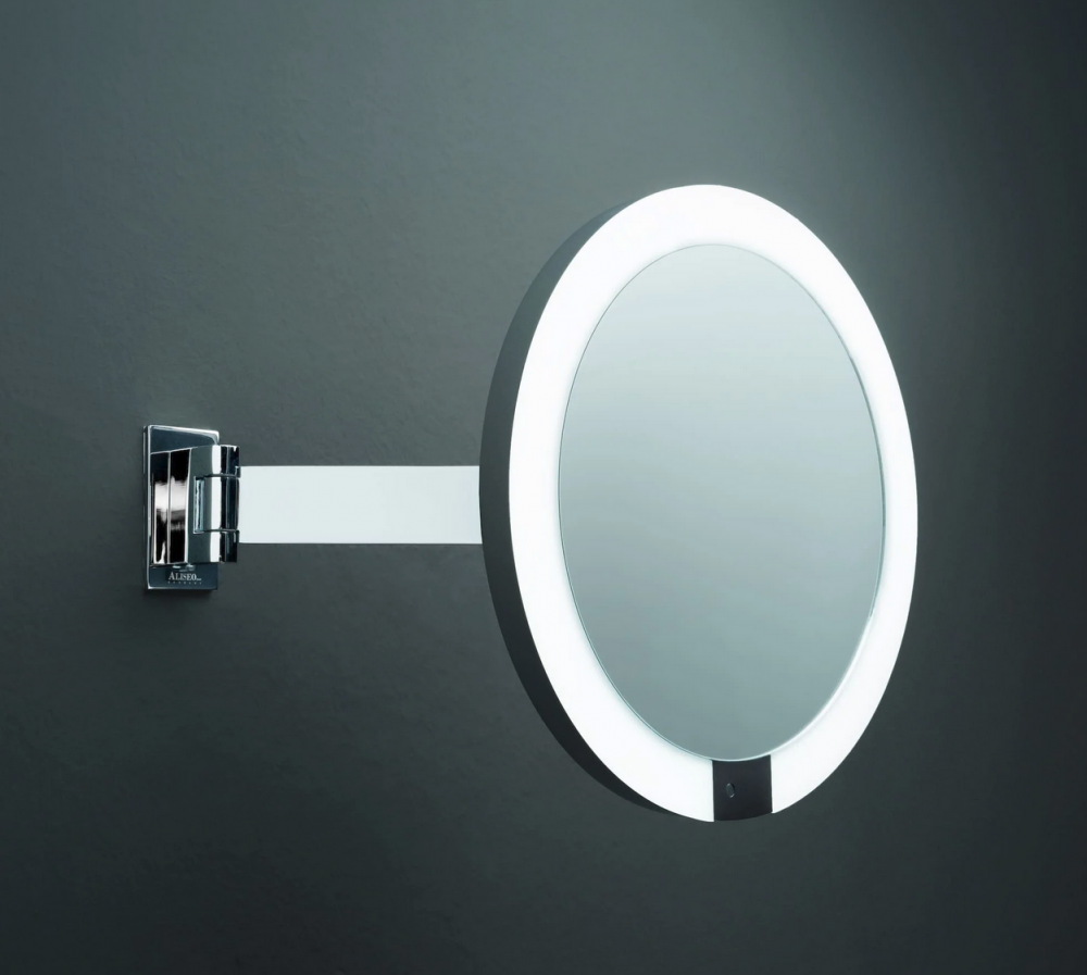 ALISEO 020832 - Batterie Wand LED Kosmetikspiegel "LED INTERFACE" 3-Fach Vergrößerung, Ø22cm, Infrarotsensor, für 4x AA Batterien, Abschaltautomatik, transluzenter Acrylrahmen