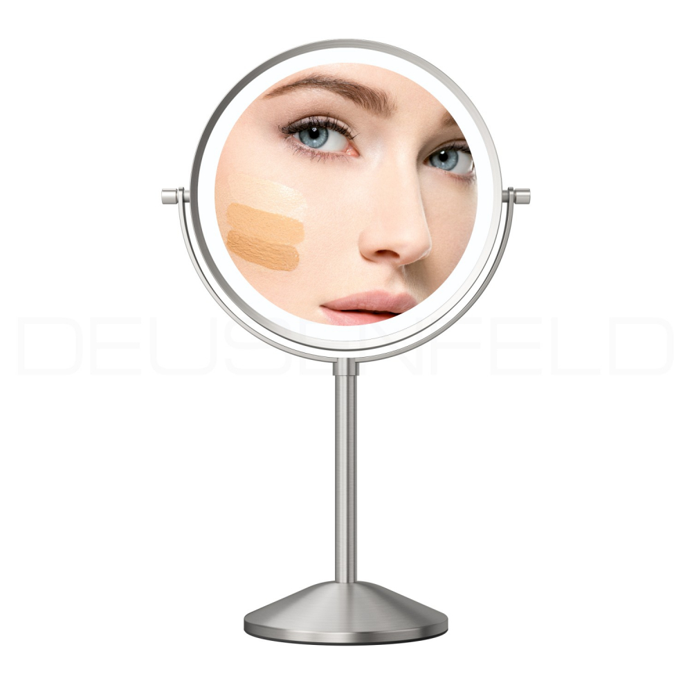 DEUSENFELD SL5EFA - Akku Batterie LED Doppel Stand Kosmetikspiegel, 5x Vergrößerung + Normalspiegel, Ø20cm, 360° horizontal schwenkbar, 3 einstellbare Lichtfarben, 10 Min. Timer, Dimmer, 3000mAh Lithium Akku, USB-C, Edelstahl Finish