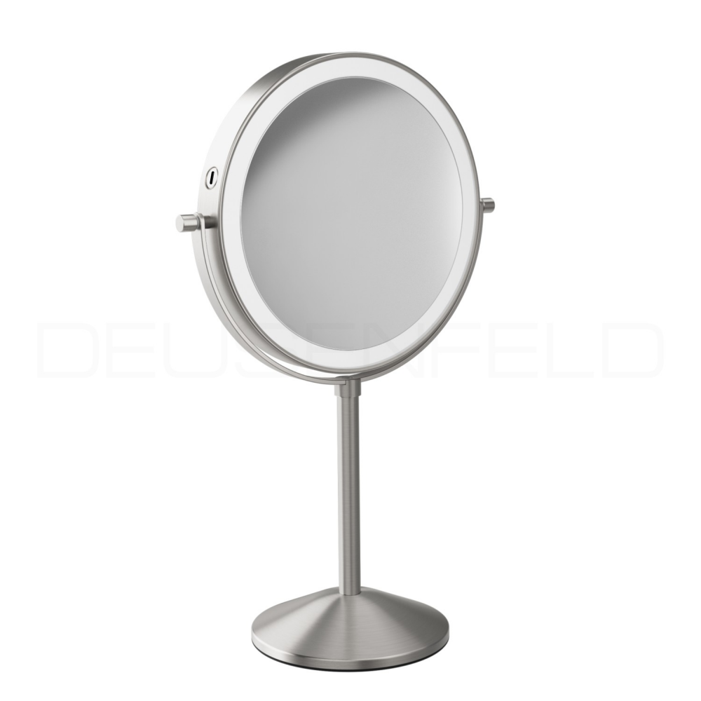 DEUSENFELD SL10EFA - Akku Batterie LED Doppel Stand Kosmetikspiegel, 10x Vergrößerung + Normalspiegel, Ø20cm, 360° horizontal schwenkbar, 3 einstellbare Lichtfarben, 10 Min. Timer, Dimmer, 3000mAh Lithium Akku, USB-C, Edelstahl Finish