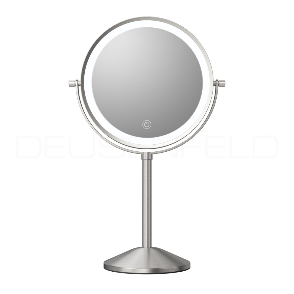 DEUSENFELD SL5EFA - Akku Batterie LED Doppel Stand Kosmetikspiegel, 5x Vergrößerung + Normalspiegel, Ø20cm, 360° horizontal schwenkbar, 3 einstellbare Lichtfarben, 10 Min. Timer, Dimmer, 3000mAh Lithium Akku, USB-C, Edelstahl Finish