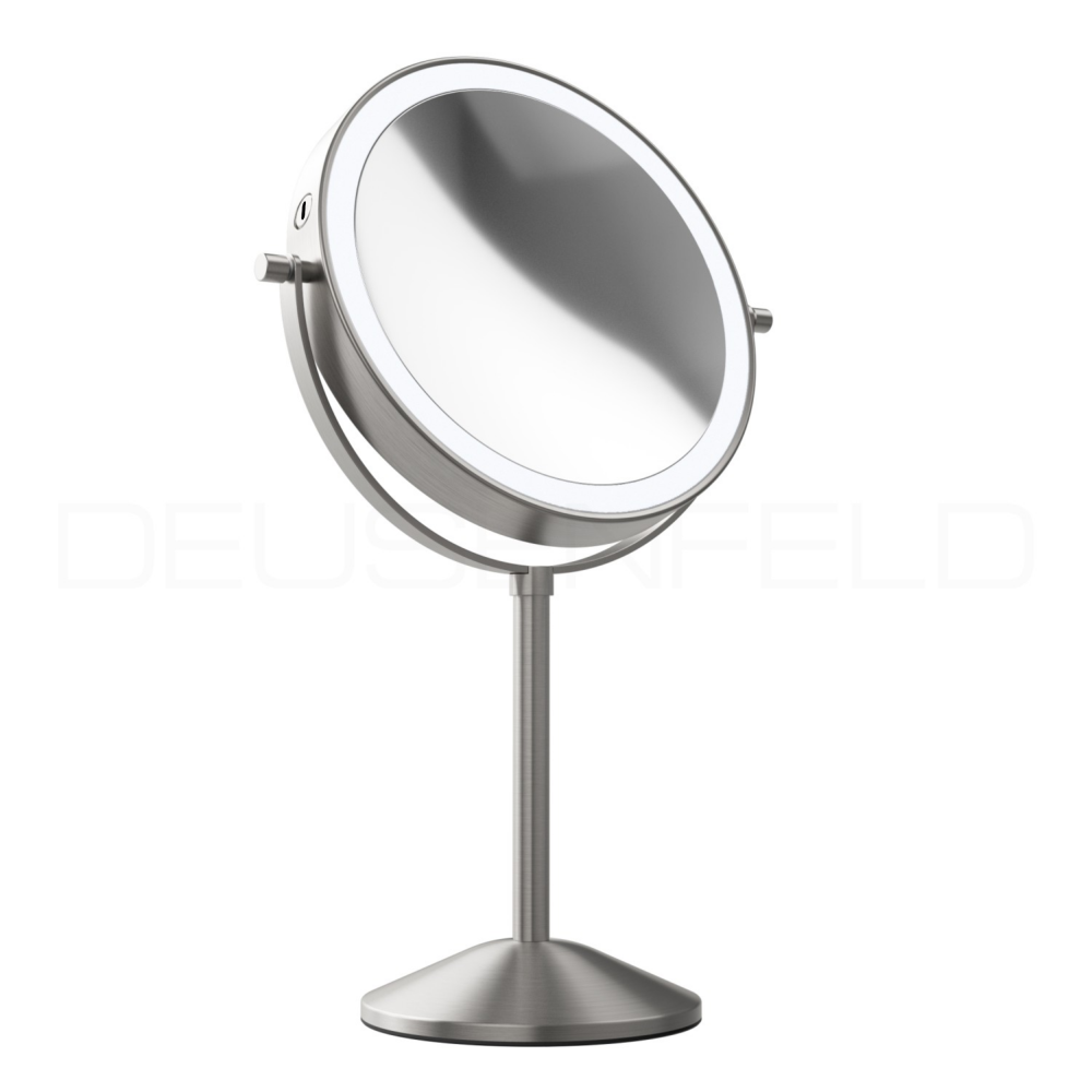 DEUSENFELD SL10EFA - Akku Batterie LED Doppel Stand Kosmetikspiegel, 10x Vergrößerung + Normalspiegel, Ø20cm, 360° horizontal schwenkbar, 3 einstellbare Lichtfarben, 10 Min. Timer, Dimmer, 3000mAh Lithium Akku, USB-C, Edelstahl Finish