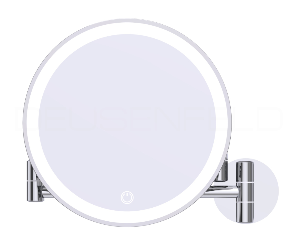 DEUSENFELD WL503CA - Akku Batterie LED Wand Kosmetikspiegel, 5x Vergrößerung, 3-Armig, Ø20cm, 3 einstellbare Lichtfarben, 10 Min. Timer, Dimmer, 4000mAh Lithium Akku, USB, hochglanz verchromt