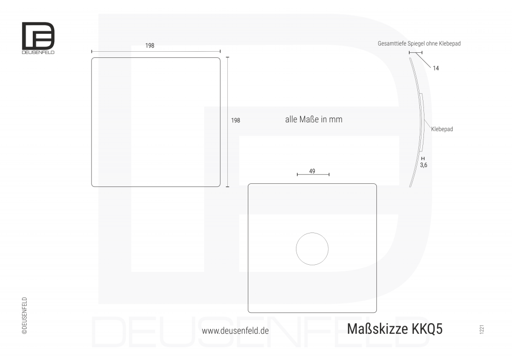 DEUSENFELD KKQ5 -  Kosmetikspiegel Schminkspiegel "QUADRO" zum Kleben, Klebespiegel, selbstklebend 5x Vergrößerung, 20x20cm, eckig, randlos, mit 3M Klebepad