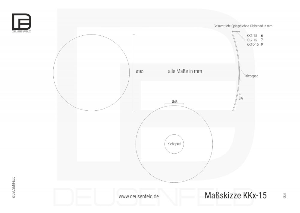 DEUSENFELD KK5-15 - Kosmetikspiegel Schminkspiegel zum Kleben, Klebespiegel, selbstklebend, 5x Vergrößerung, Ø 15cm, rund, Rahmenlos, Glas, mit 3M™ Klebepad