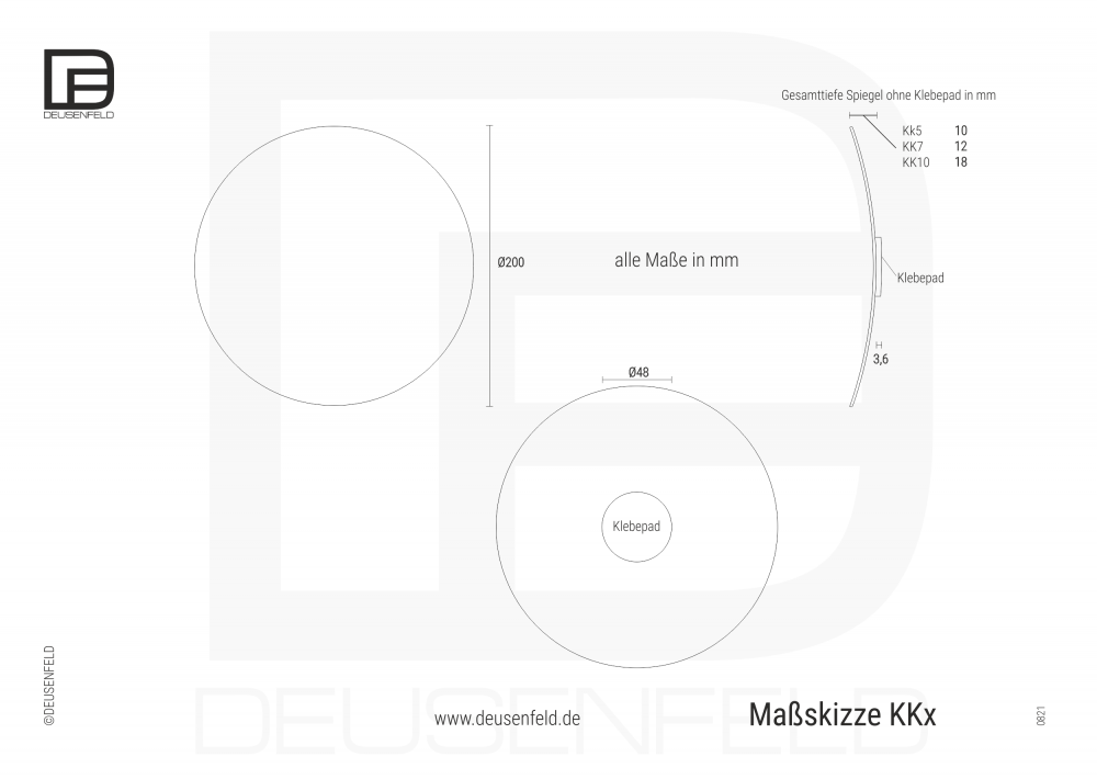 DEUSENFELD KK10 - Kosmetikspiegel Schminkspiegel zum Kleben, Klebespiegel, selbstklebend, 10x Vergrößerung, Ø 20cm, rund, Rahmenlos, mit 3M™ Klebepad