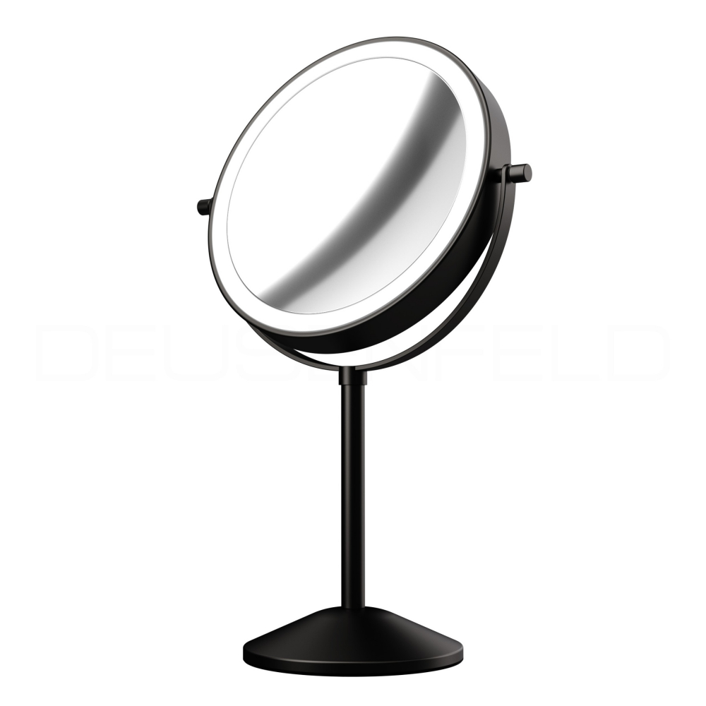 DEUSENFELD SL7BA - Akku Batterie LED Doppel Stand Kosmetikspiegel, 7x Vergrößerung + Normalspiegel, Ø20cm, 360° horizontal schwenkbar, 3 einstellbare Lichtfarben, 10 Min. Timer, Dimmer, 1800mAh Lithium Akku, USB-C, matt schwarz