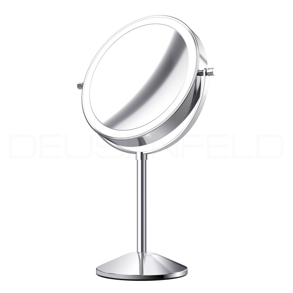 DEUSENFELD SL7CA - Akku Batterie LED Doppel Stand Kosmetikspiegel, 7x Vergrößerung + Normalspiegel, Ø20cm, 360° horizontal schwenkbar, 3 einstellbare Lichtfarben, 10 Min. Timer, Dimmer, 1800mAh Lithium Akku, USB, hochglanz verchromt