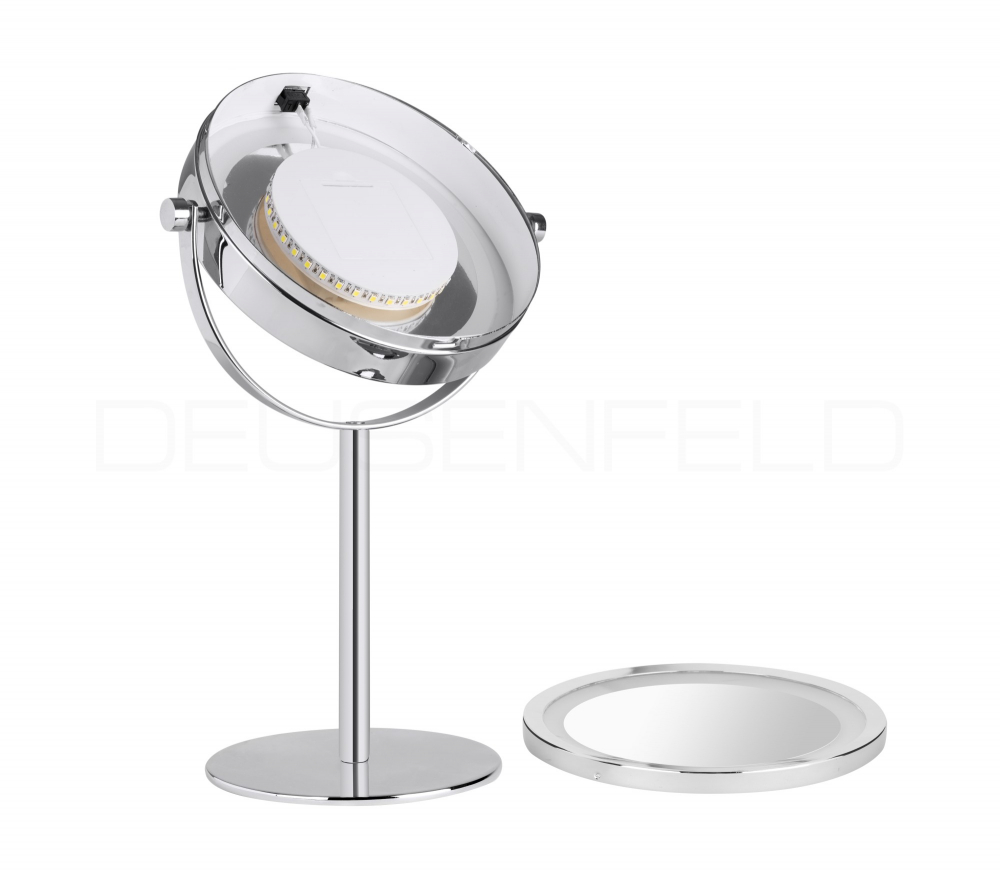 DEUSENFELD SL5CB - Batterie LED Doppel Stand Kosmetikspiegel, 5x Vergrößerung + Normalspiegel, Ø17,5cm, 360° horizontal schwenkbar, 35 SMD Tageslicht LEDs, hochglanz verchromt