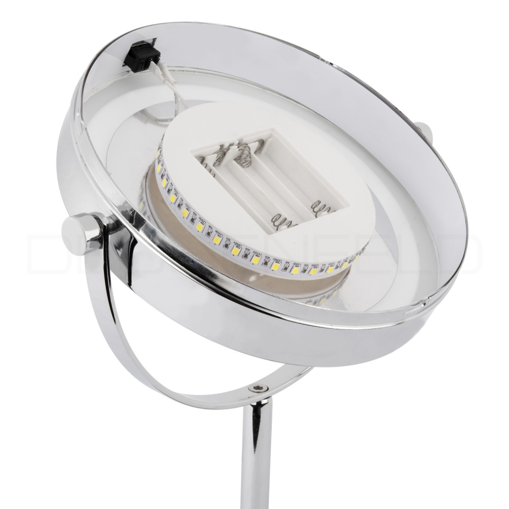 DEUSENFELD SL5CB - Batterie LED Doppel Stand Kosmetikspiegel, 5x Vergrößerung + Normalspiegel, Ø17,5cm, 360° horizontal schwenkbar, 35 SMD Tageslicht LEDs, hochglanz verchromt