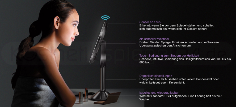 Simplehuman ST3024 - Trio Stand Edelstahl Sensor Akku LED Kosmetikspiegel 5-fach + 10-fach Vergrößerung + Normalspiegel, USB Ladebuchse, ø 23cm, Tageslicht LED, matt gebürstet