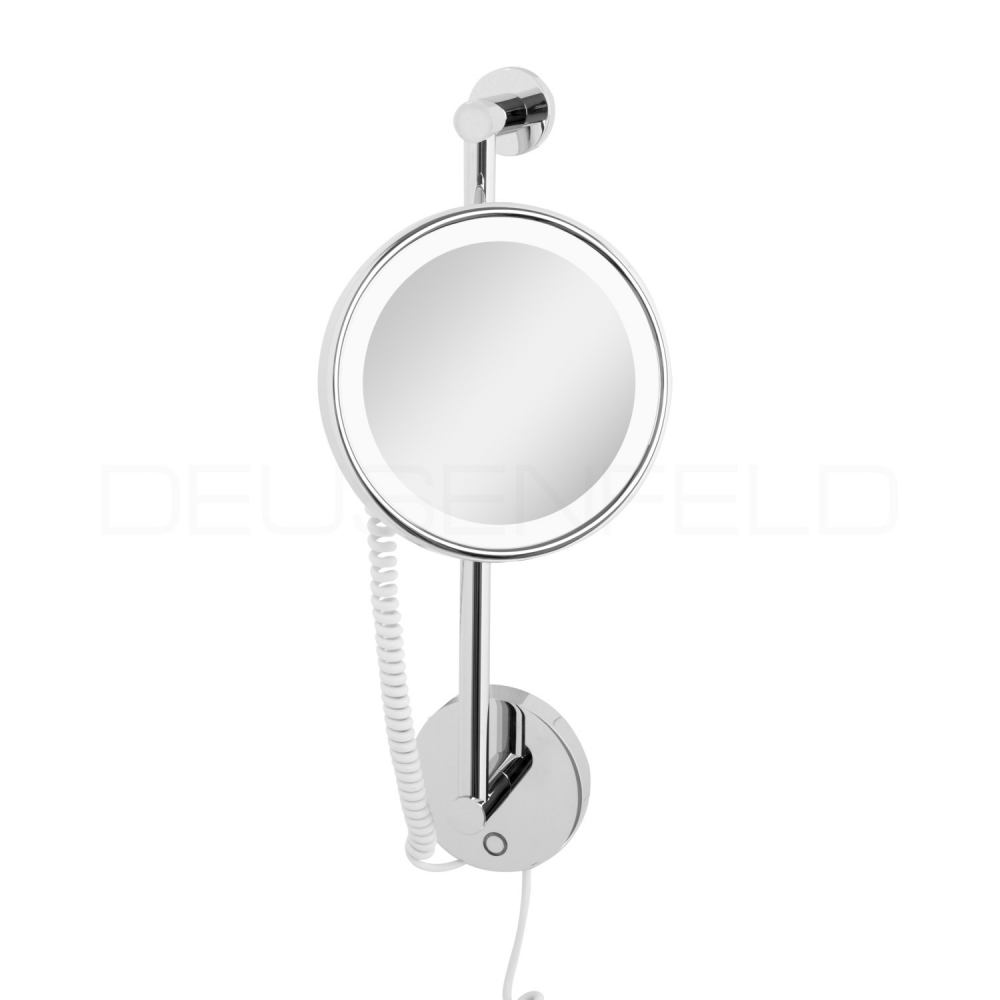 DEUSENFELD WLS70CT - Premium LED Kosmetikspiegel an Stange, Höhe verstellbar,  CTT - stufenlos einstellbarer Farbton von 2700-6500K, LED Touch-Control, 7x Vergrößerung, Ø20cm, verdeckte Befestigung, verchromt