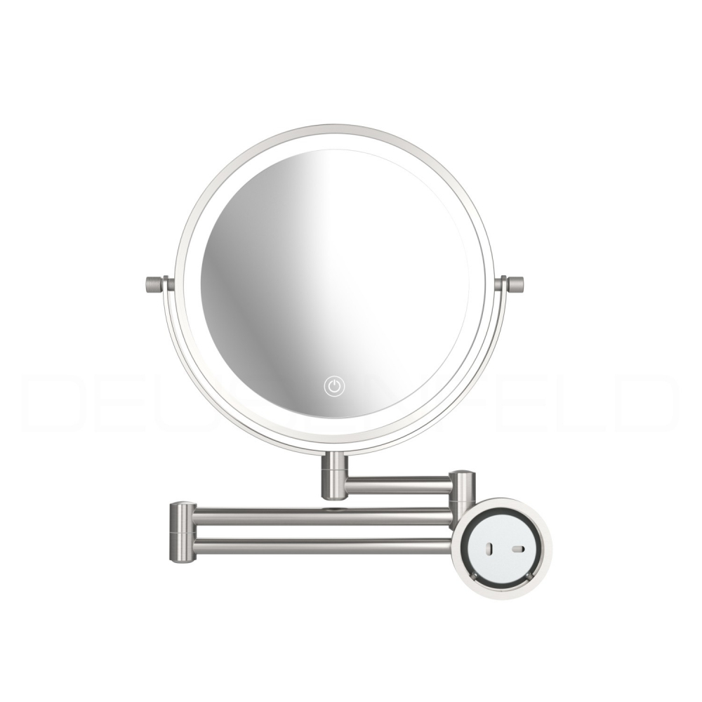 DEUSENFELD WL53EFA - Akku Batterie LED Doppel Wand Kosmetikspiegel, 3 Gelenkarme, 5x Vergrößerung + Normalspiegel, Ø20cm, 360° schwenkbar, 3 einstellbare Lichtfarben, 10 Min. Timer, Dimmer, 1800mAh Lithium Akku, USB, Edelstahl Finish