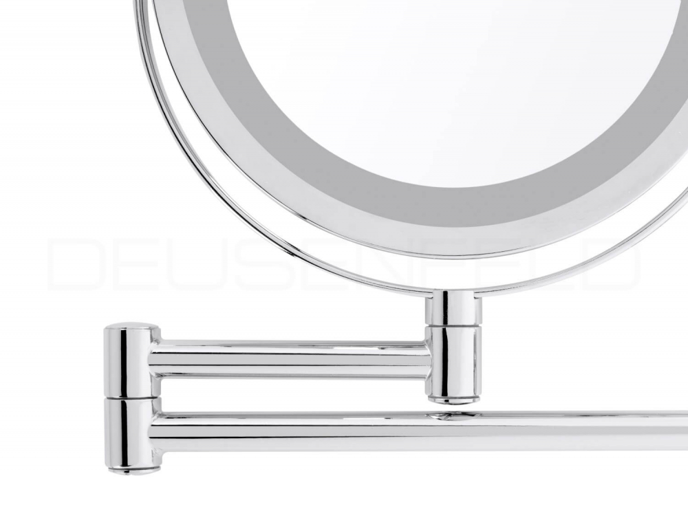DEUSENFELD WL5CB - Batterie LED Doppel Wand Kosmetikspiegel, 5x Vergrößerung + Normalspiegel, Ø17,5cm, 360° vertikal und horizontal schwenkbar, 35 SMD Tageslicht LEDs, Metall verchromt