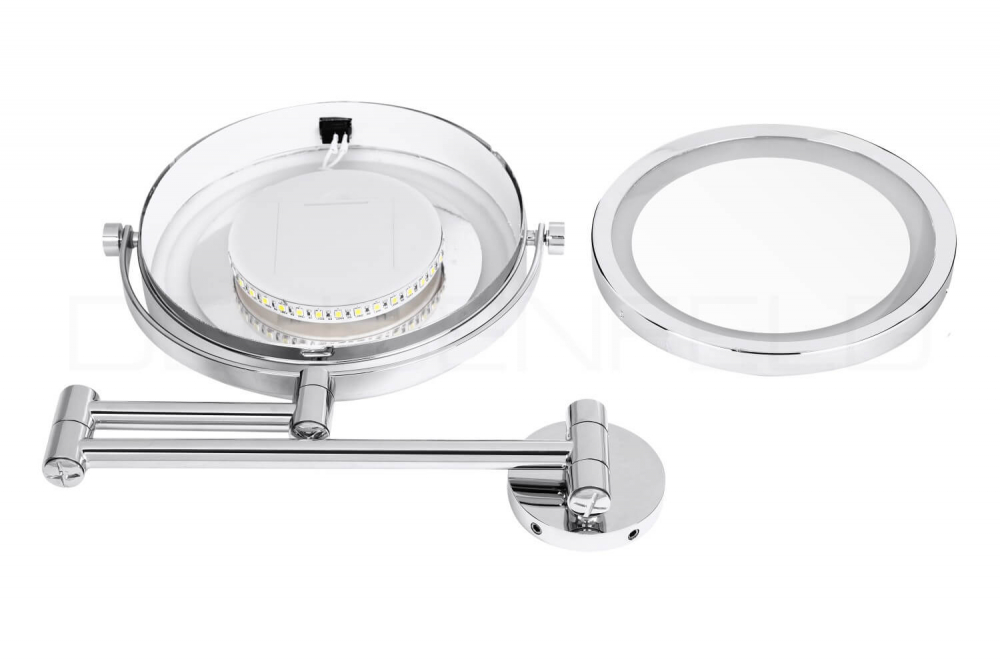 DEUSENFELD WL5CB - Batterie LED Doppel Wand Kosmetikspiegel, 5x Vergrößerung + Normalspiegel, Ø17,5cm, 360° vertikal und horizontal schwenkbar, 35 SMD Tageslicht LEDs, Metall verchromt
