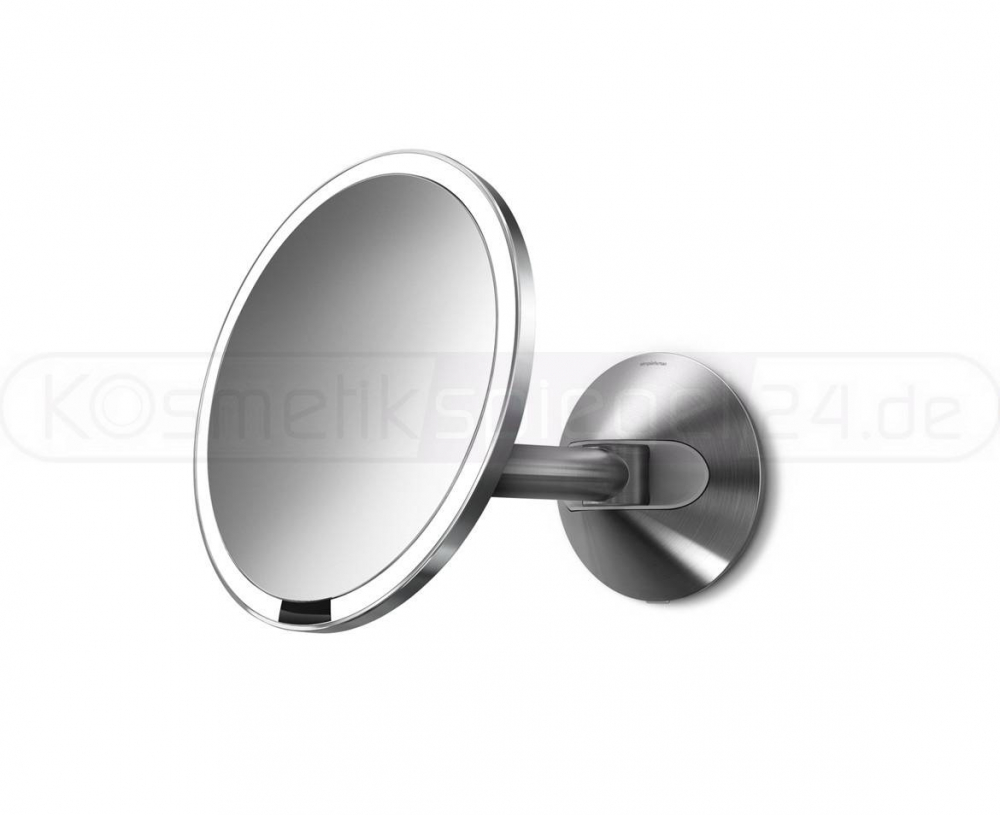 Simplehuman ST3002 - Edelstahl Wand Sensor Akku LED Kosmetikspiegel 5 - Fach Vergrößerung, USB Ladegerät, ø 23cm, Tageslicht LED, matt gebürstet